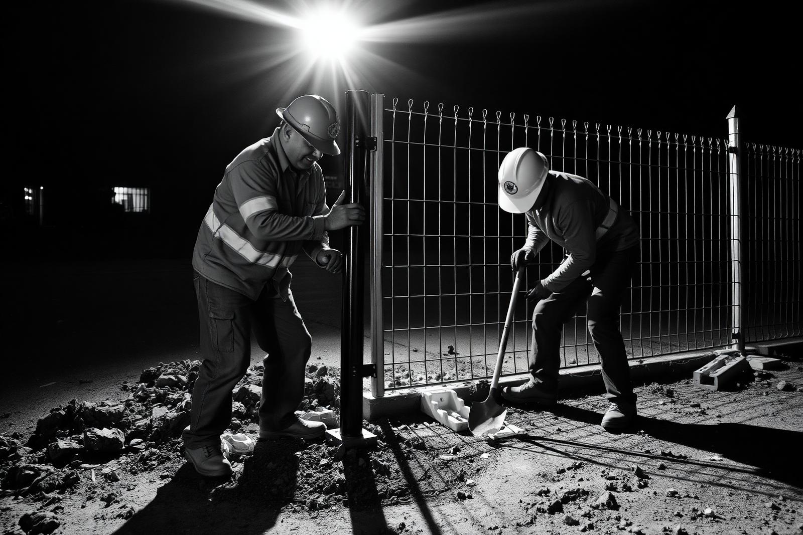 Fencing crew setting a gate post