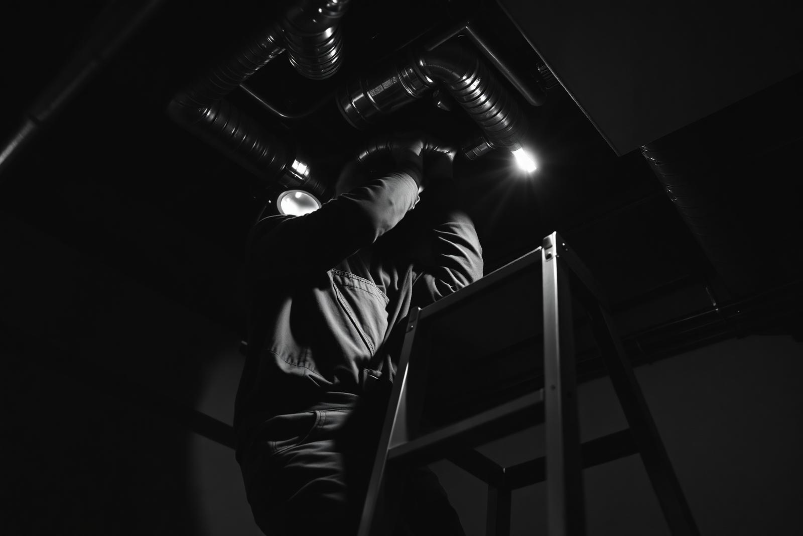 HVAC tech checking ductwork on a ladder