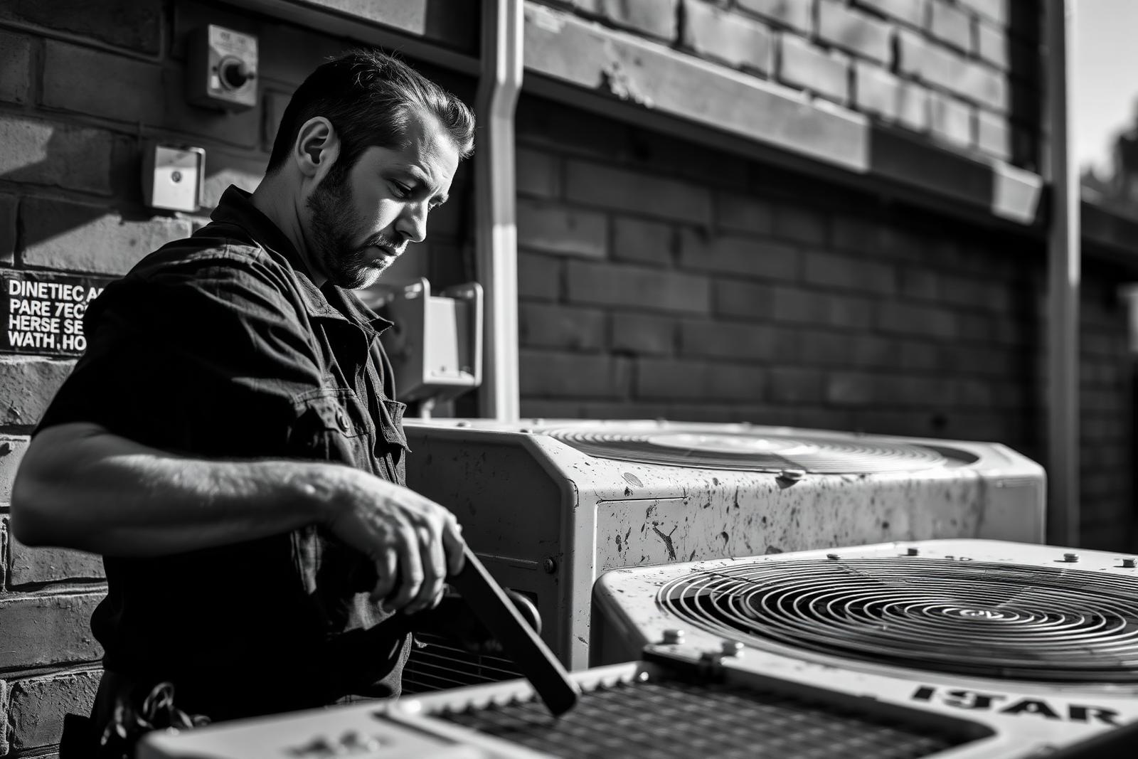 HVAC technician servicing a condenser