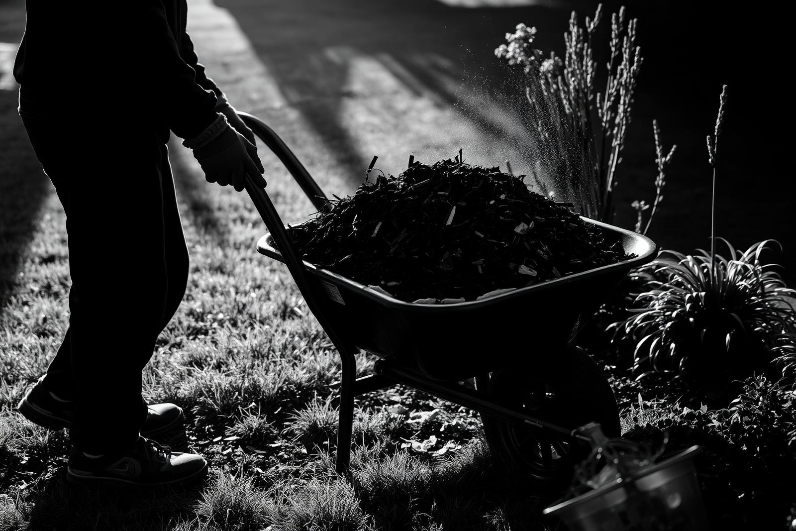 Landscaper hauling mulch in a wheelbarrow