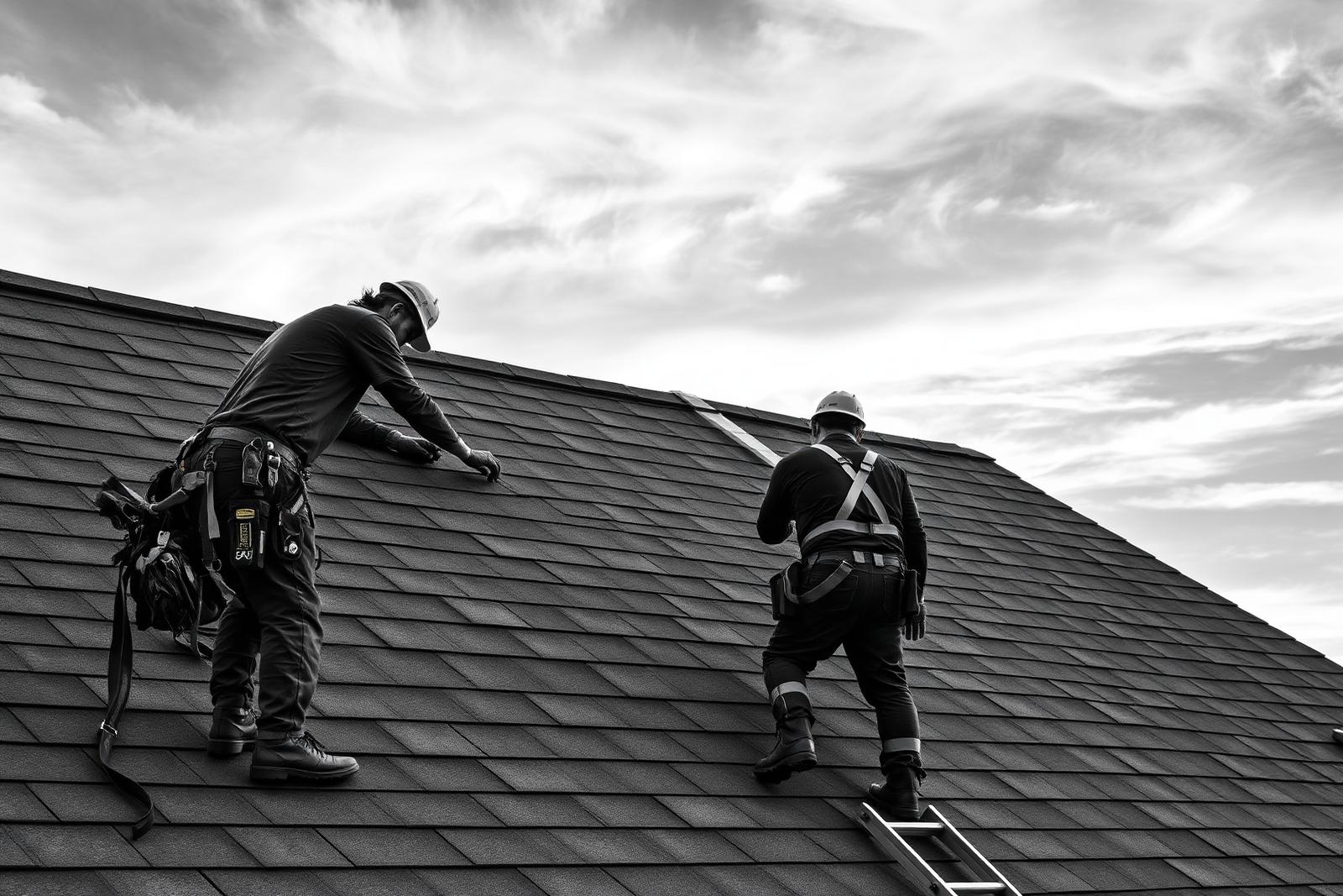 Roofers installing shingles